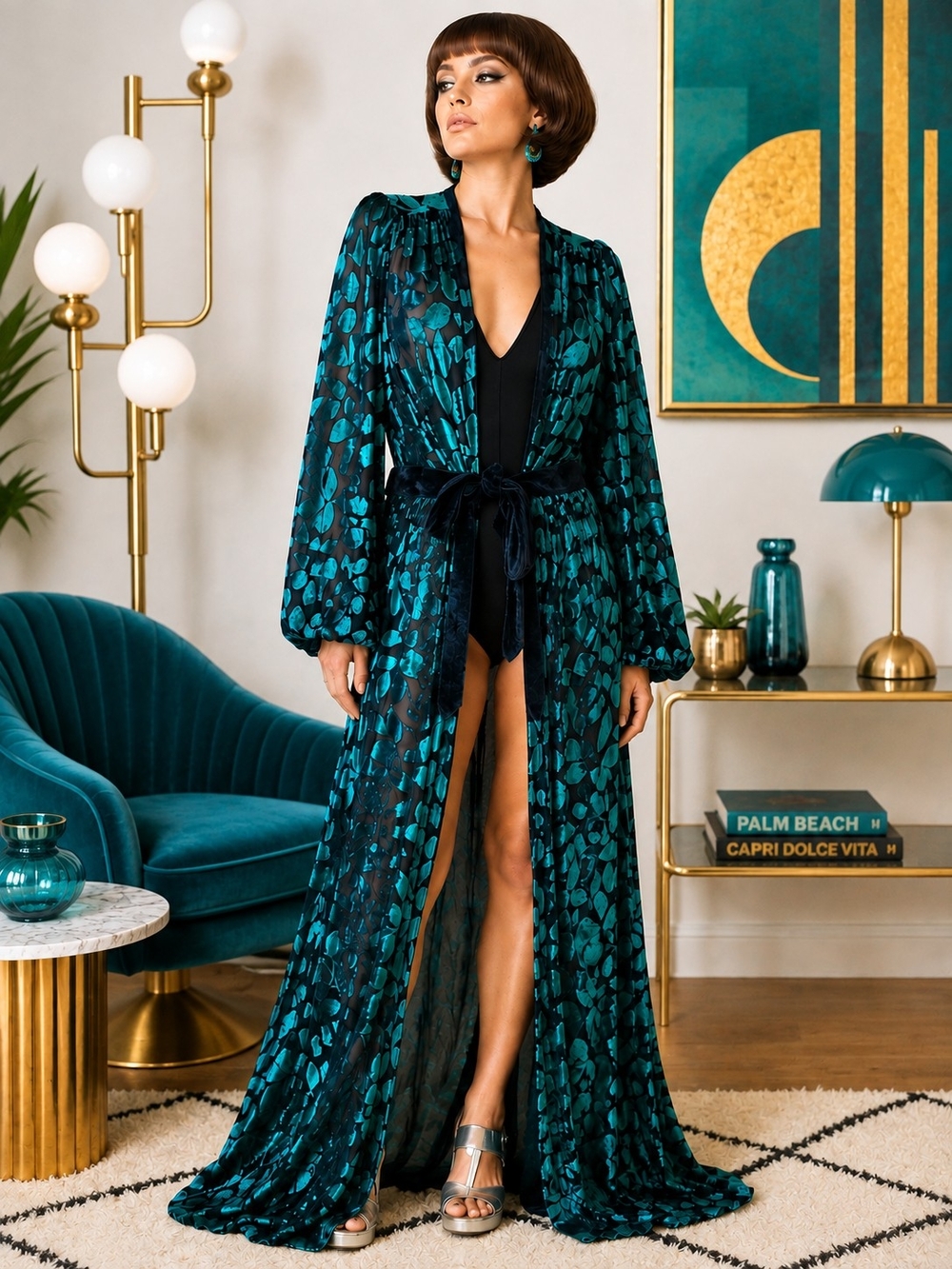 NWT UNIQUE VINTAGE VELVET LEAVES ROBE KIMONO SZ 1X 2X 3X